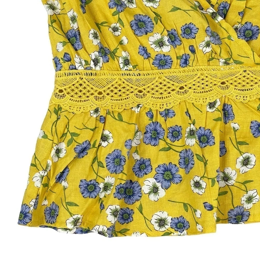 Cupcakes and Cashmere Floral Top Small Yellow Keyhole Open Back Linen Blend - Picture 5 of 16